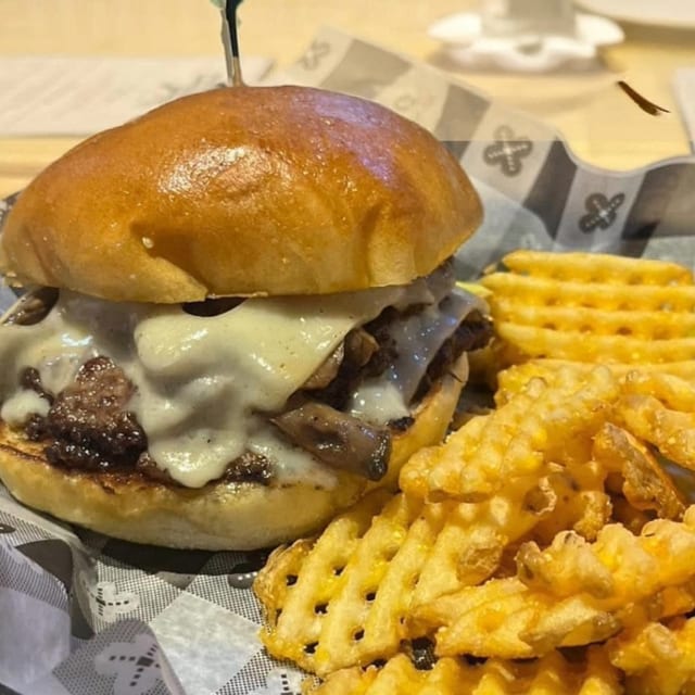 $10 Swiss Mushroom Burger.